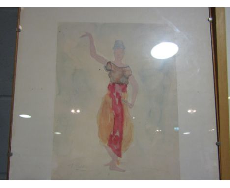Two similar prints of lady dancing and figures by campside