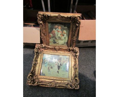 Two ornately gilt framed prints on plaques depicting children with dogs and kittens