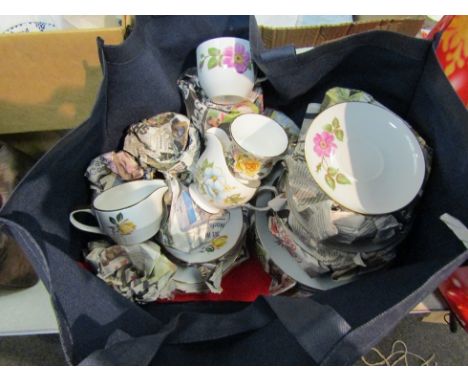 Two bags containing mainly tea wares including Midwinter style craft and Ridgway Ironstone 