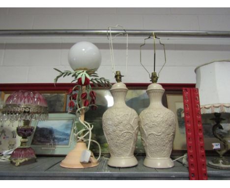 A pair of plaster cherry blossom lamps and a kitsch globe lamp (3)