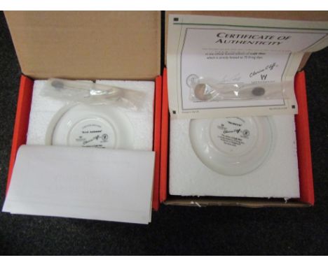 Three Wedgwood Clarice Cliff Limited Edition coffee cans, saucers and spoons in original boxes "Monsoon", "Tulip" and "Red Au