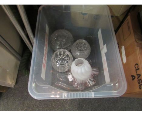 Three various cut glass light shades, two moulded glass shades with frilled rims (5)           