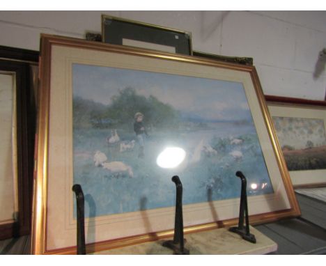 A collection of prints and paintings to include an oil on canvas of sea scene, pastel of a dog, signed M.Coleman etc (10)