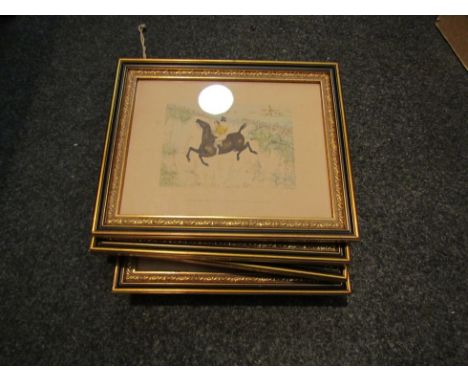 A series of six comical prints relating to horse and rider, framed and glazed