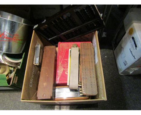 A mixed box of items to include Bakelite hair dryer, Eagle projector, Meccano, scout belt, ebony and bone dominoes, handmade 