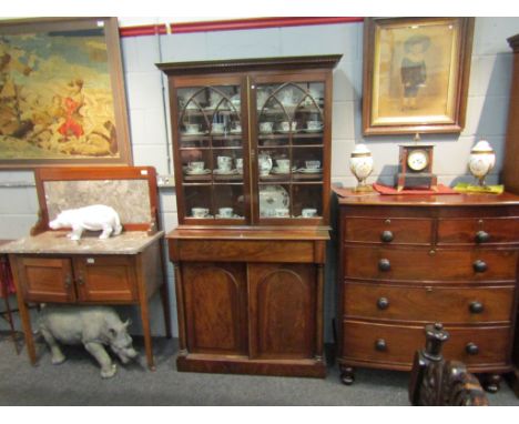 An astragal glazed bookcase top on a chiffonier two door base, 184cm x 94cm x 40cm