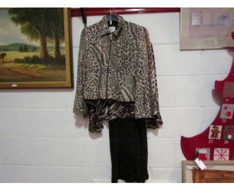 Four jazzy jackets including faux animal prints and a black and multi-coloured sequinned cocktail dress