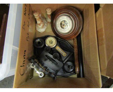 A box of mixed items to include ebony dressing table set, an oar cased barometer, a table barometer a/f, a pair of mother-of-