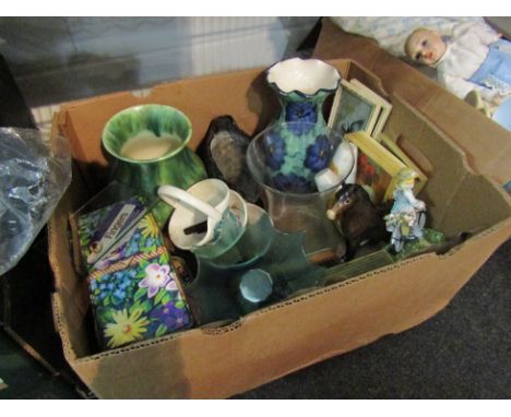 A Beswick vase, two green vases, tins, Radford, glass and miniature pictures