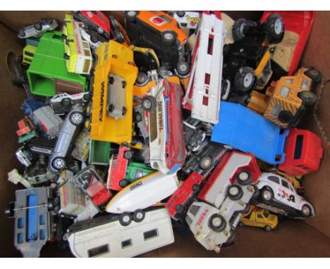 A large box of mixed play-worn diecast vehicles including Corgi Lunar Bug