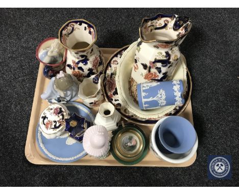 A tray of china - Masons Mandalay ware, two Nao figures, Portmeirion pot, Wedgwood Disney plate, character jug etc 