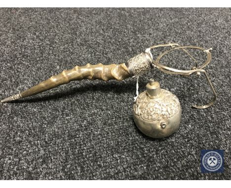 A 19th century Anglo-Indian antelope horn-handled white metal mounted gimbal cigar lighter, length 31cm