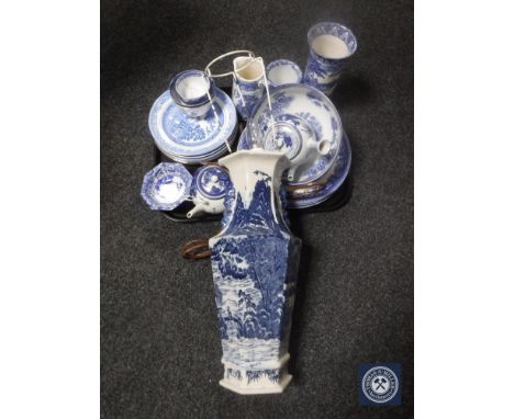 A tray of two Chinese teapots, quantity of blue and white china in an oriental style, blue and white Chinese vase converted i