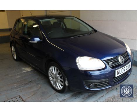 A Volkswagen Golf GT TDi motorcar, registration NU07 CSY, mileage 59,171, three door hatchback, colour blue, 1968 CC, six spe