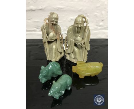 Two Chinese carved soapstone figures of sages, two malachite carvings of rats and a jade carving of a pig (5)