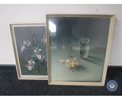 A mid 20th century M Leake oil on canvas, Epipactis palustris, and a mid 20th century framed print  