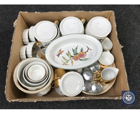 A box of Royal Worcester Evesham oven dishes and jars, Worcester gilded tea china etc 