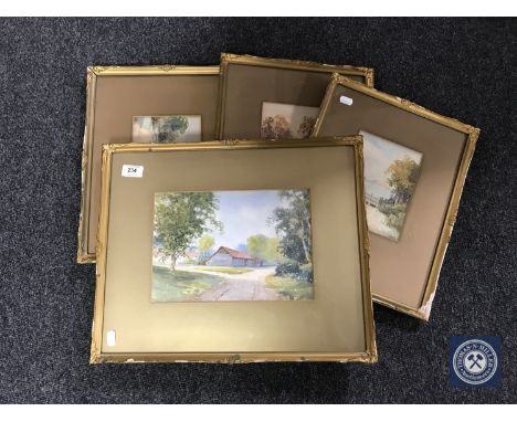 Three 20th century gilt framed watercolours signed by O. Waite, together with one other gilt framed watercolour and a print
