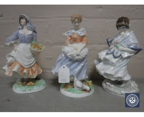 Two Royal Worcester Old Country Ways figures; Rosie Picking Apples and The Milkmaid, together with a Coalport figure, Visitin