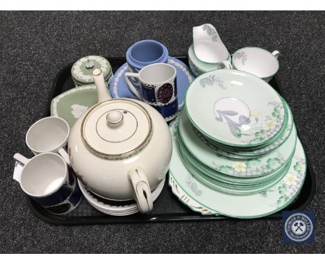 A tray of George VI silver jubilee teapot, Portmeirion coffee cups and saucers, part Aynsley tea service and seven pieces of 