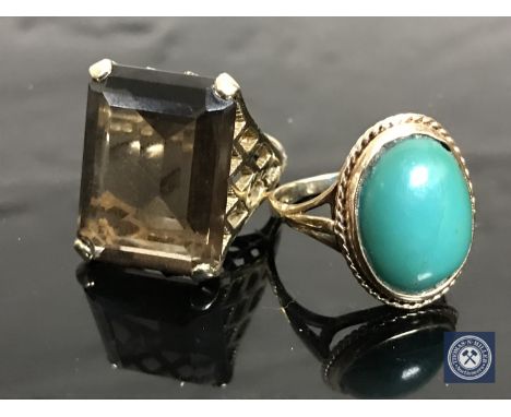 A 9ct gold smoky quartz ring, together with a turquoise ring CONDITION REPORT: 12g gross