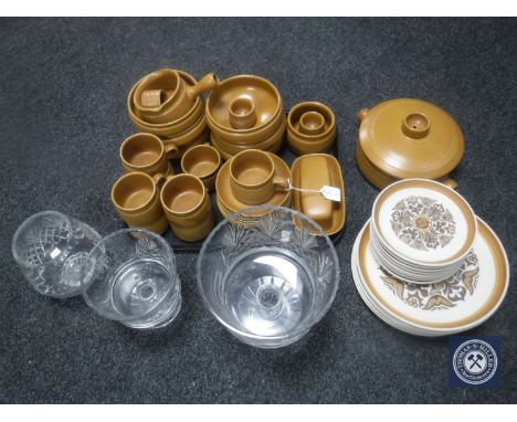 A tray of forty-one pieces of Denby Canterbury dinner ware, three crystal bowls with Durham County Golf Club etching 