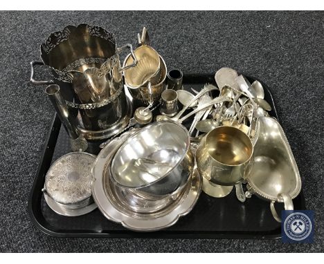 A tray of silver plate and flatware, wine cooler etc