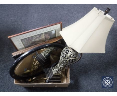 A box of table lamp and shade, companion set, mirror and two framed pictures 