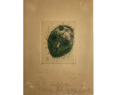 WICHMAN, Erich (1890-1929). "Het Ei". 1926. Etching in green ink on wove paper. 98 x 78 mm. Signed, dated and annotated "30/1