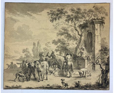 FALCONRY -- BOUT, Pieter (between 1640 and 1658 – between 1689 and 1719), after. (Hunting party by a fountain, 2 ladies holdi