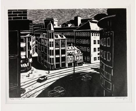 VERDUIJN den BOER, Alex (1958-). (City view). (N.d.). Linocut. 270 x 360 mm. Signed, "lino e.d." and numb. (14/30) in pencil.