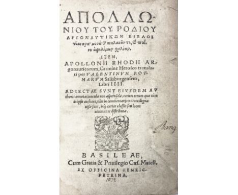 APOLLONIUS RHODIUS. Argonauticorum, Carmine Heroico transl per V. Rotmarum Salisburgenseum, ll. IIII. Basel, Ex Off. Henricpe