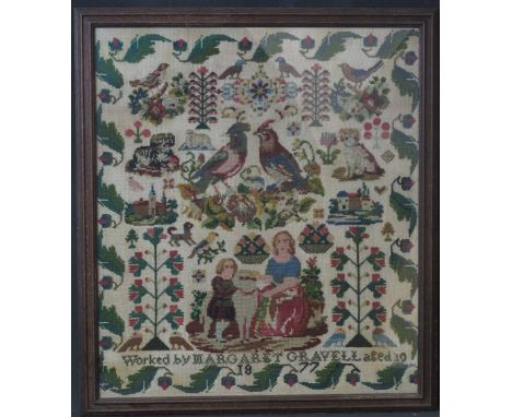 19TH CENTURY WOOLLEN TAPESTRY SAMPLER, 'Worked by Margaret Gravell, aged 10, 1877'.  60 x 52cm approx.(B.P. 24% incl. VAT)   
