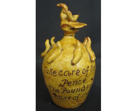 LATE 19TH CENTURY EWENNY POTTERY HEN AND CHICK MONEY BANK, having incised inscription: 'Take care of the pence, the pounds wi