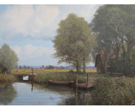 WILLEM JACOBUS ALBERTS, (Dutch, 1912-1990), 'The Moored Boat', signed, oils on canvas, 60 x 100cm.  Framed.  E Stacy-Marx Lim