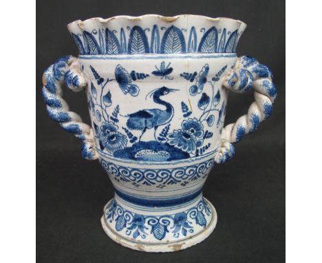 EARLY 18TH CENTURY ENGLISH DELFT POTTERY TWO HANDLED URN SHAPED VASE of tapering cylindrical form with crimped neck and rope 