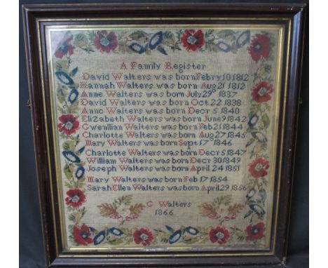 19TH CENTURY WOOLLEN NEEDLEWORK TAPESTRY SAMPLER, 'A family register', signed G. Walters, 1866, framed and glazed.  62 x 60cm