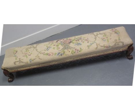 19TH CENTURY MAHOGANY RECTANGULAR SHAPED FENDER STOOL with foliate tapestry upholstered stuff over top, on cabriole moulded l