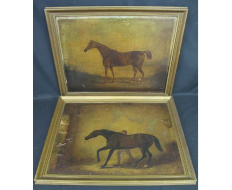 JOHN E. FERNELEY, (British, 1782-1860), dark bay hunter with handler in a stable, signed and dated: 1851, oils on canvas laid