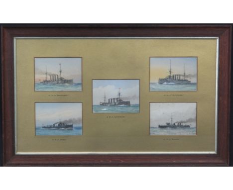 W. FRED MITCHELL, (British, 1845-1914), group of studies of pre First World War British warships, five in one frame, to inclu