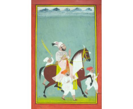 An Indian portrait miniature of a Mewar ruler, possibly Pratap Singh, circa 1760, the principle on horseback with attendents 