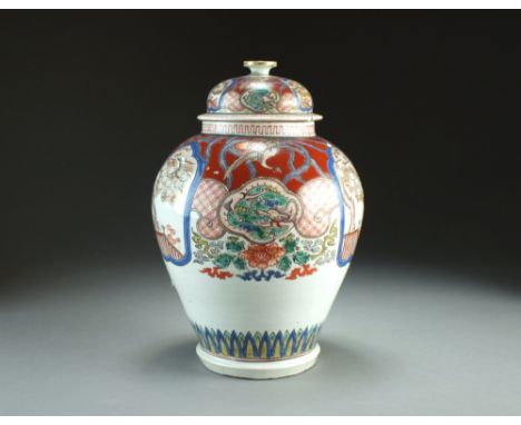 A Japanese Kutani vase and cover, Edo/Meiji period, of ovoid form, the domed cover with button finial, painted in colours wit