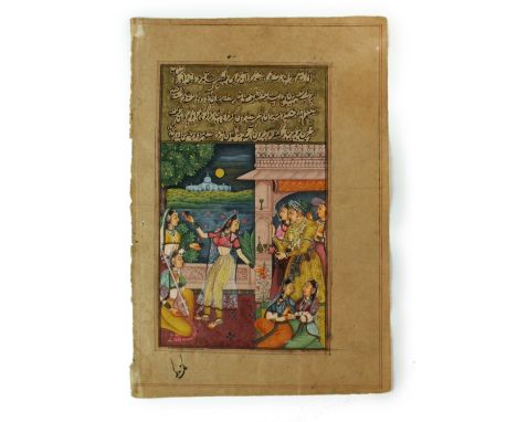 A collection of nine Indian miniature paintings, 19th Century, each depicting life in courtly circles including courtship, hu
