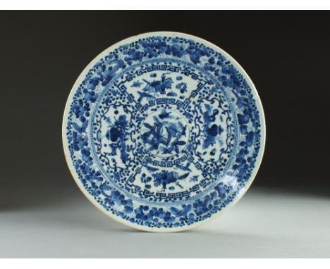 A Chinese blue and white dish, Qianlong seal mark but later, of circular form and decorated with panels of auspicious objects