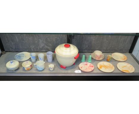 Vintage plastics: Thermos cream and red ice-bucket 22cm and various tablewares in shades of orange, blue and pink including S