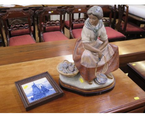 A Lladro figure of a fisher-woman, seated holding a pair of balances with a basket of fish beside her, on a timber stand, 37 