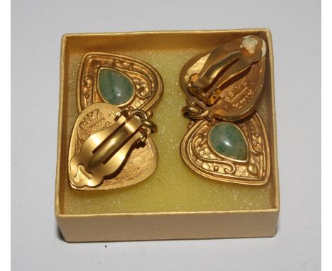 A vintage pair of Rima Aris gold plated tear drop earrings set with jade, in a box 