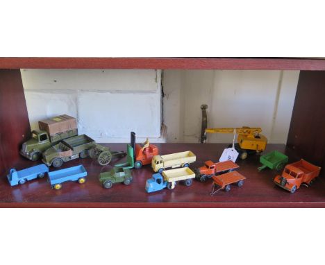 Dinky Toys 25 series orange Fiat Trunk with Trailer, Bedford Tipper, Mechanical Horse Coventry Climax Fork-Lift, others and t