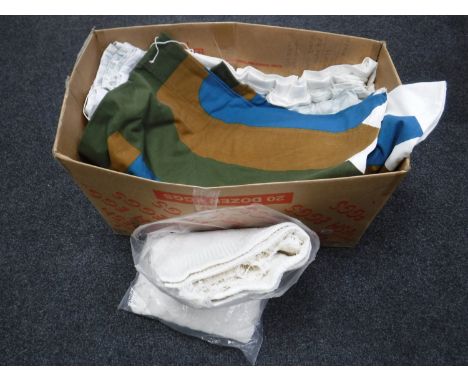 A box of curtains, vintage throw, linen etc 