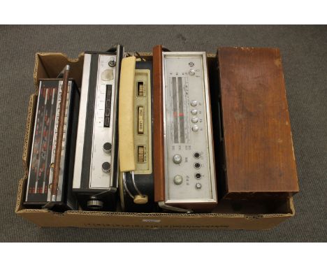 A box of five vintage radios; Pye, Fidelity, Bush 82C etc